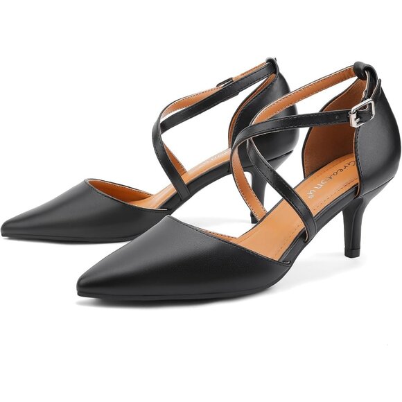 Women's Black Polyurethane Closed Pointed Toe Cross Strap Low Kitten Heel Pumps - Picture 6 of 6